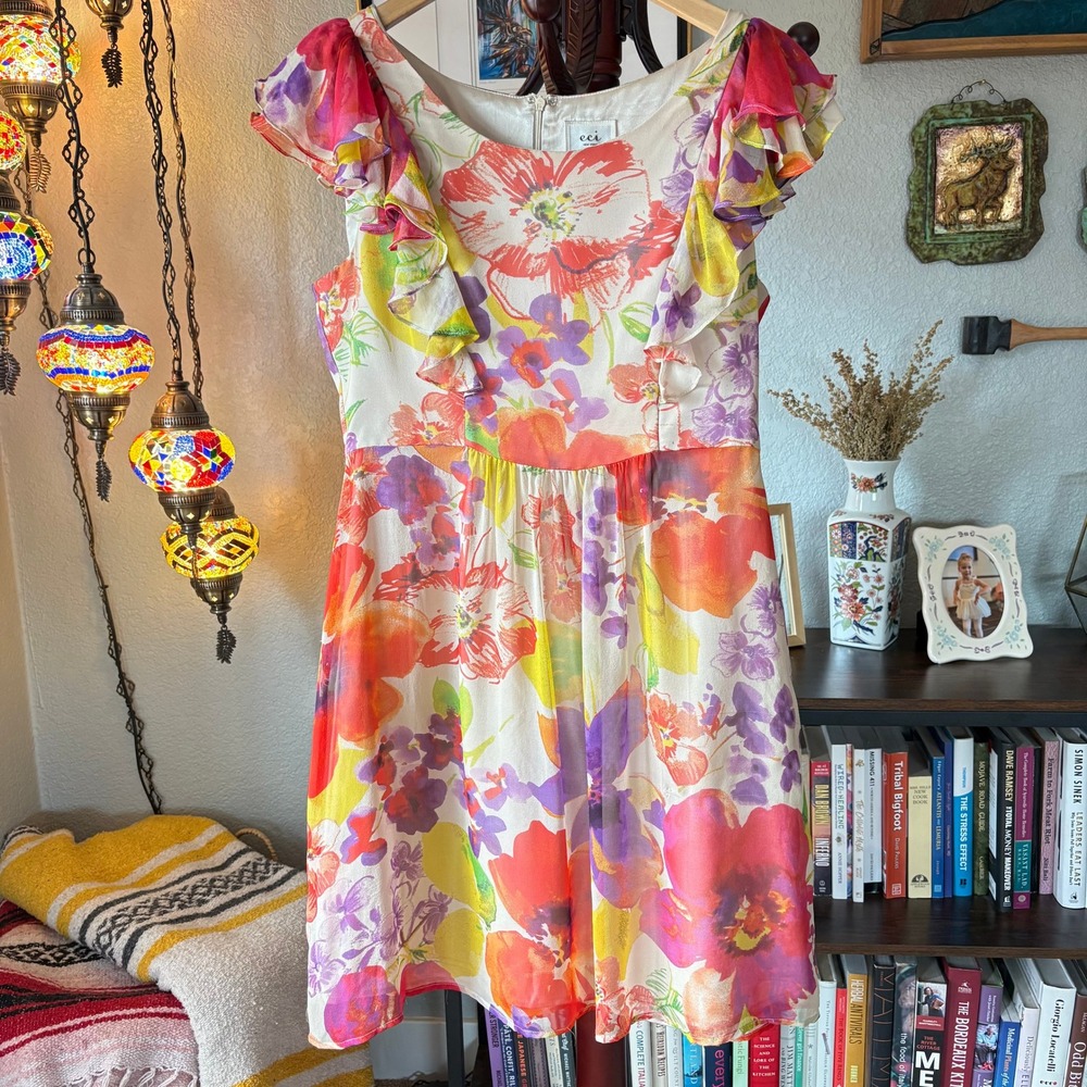 ECI New York silk floral ruffle sleeve dress size 6 bright watercolor‎ print